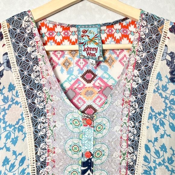 Johnny Was | Silk | Embroidered | Button Down | Short Sleeve | Floral | Boho Top - Picture 1 of 16